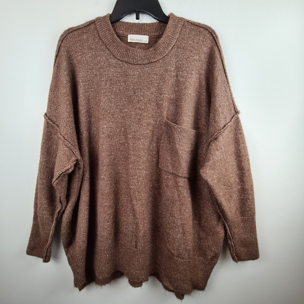 Zenana Womens Brown Oversized Crew Neck Pocket Sweater L/XL Casual Soft Neutral